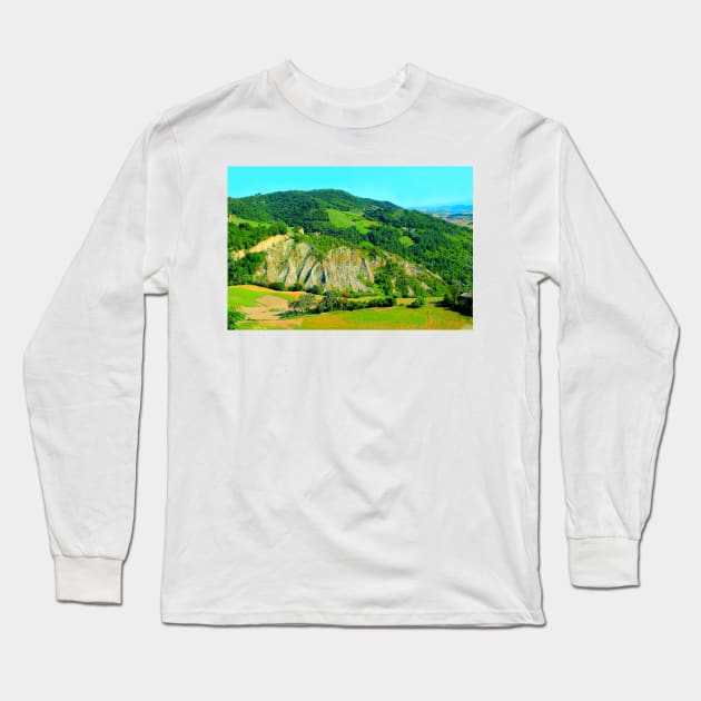 Scenery from Castignano with a hill of ravines and green colours, a valley and the Sibillini Long Sleeve T-Shirt by KristinaDrozd